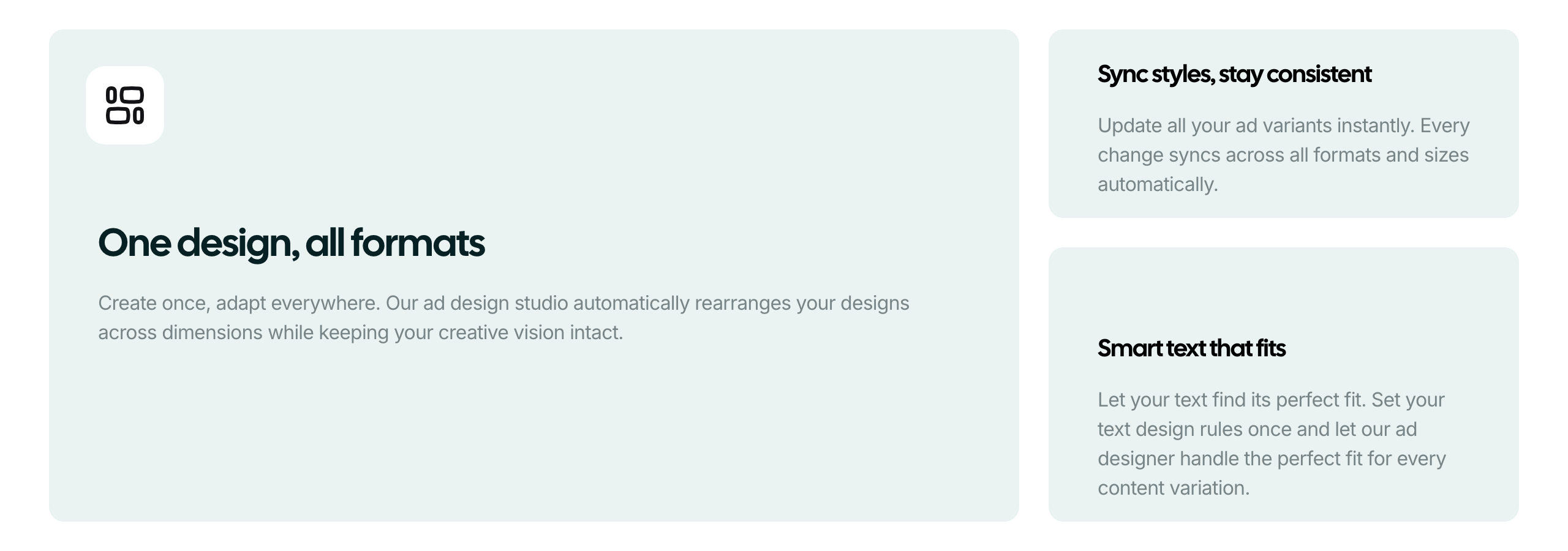 Abyssale Ad Design Studio: one design, all formats, with automatic rearrangement across dimensions; synchronized styles across all formats and sizes; smart text that fits each content variation