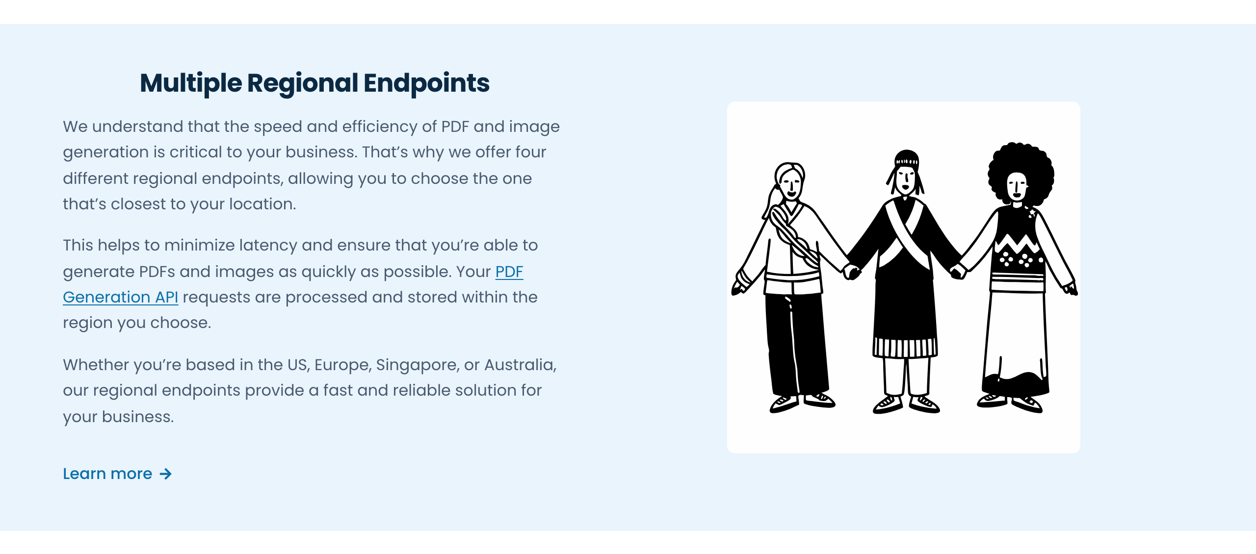 APITemplate.io Multiple Regional Endpoints: four regional endpoints in the US, Europe, Singapore and Australia, with PDF generation requests processed and stored in the region you choose