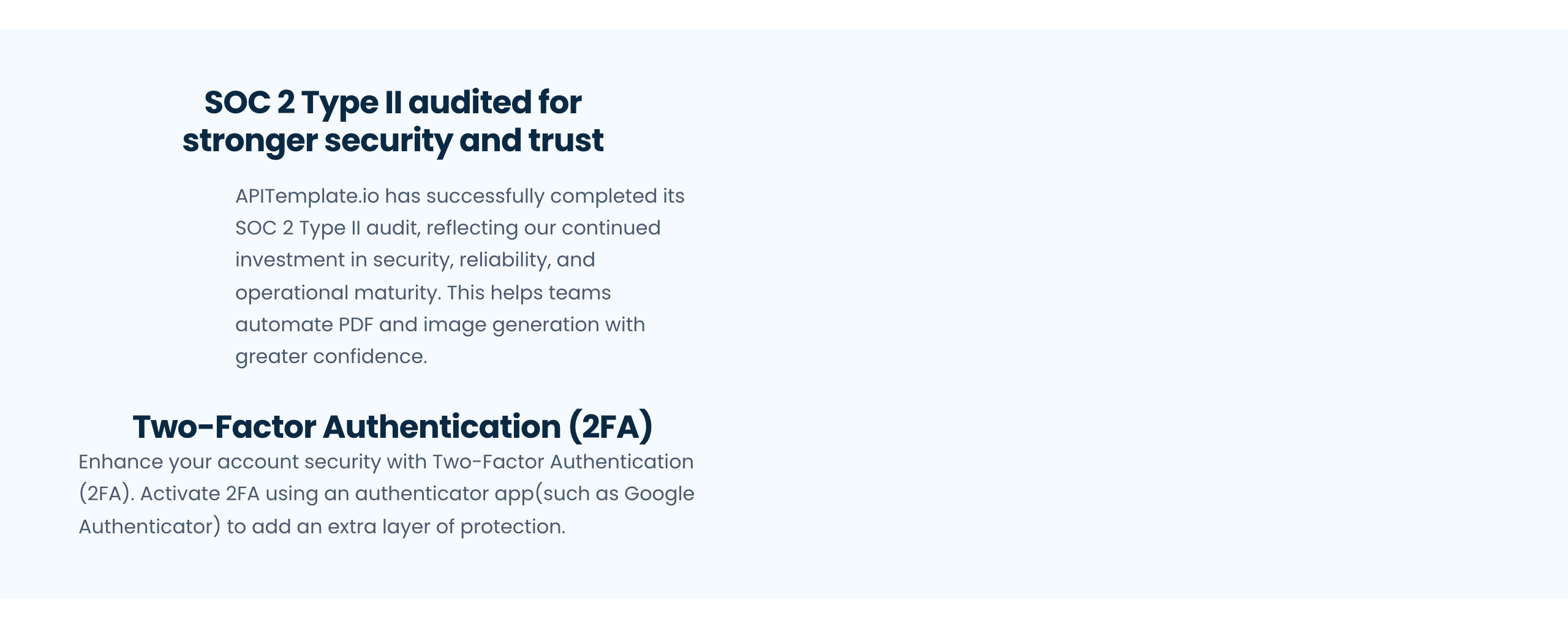 APITemplate.io enterprise features: SOC 2 Type II audit completed, and two-factor authentication through an authenticator app such as Google Authenticator