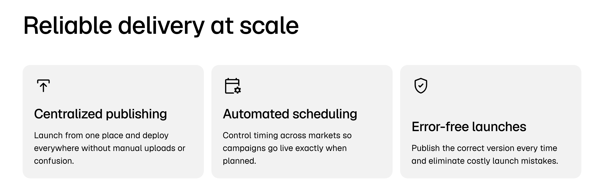 Bannerflow campaign publishing: centralized publishing to deploy everywhere from one place, automated scheduling to control timing across markets, and publishing the correct version every time