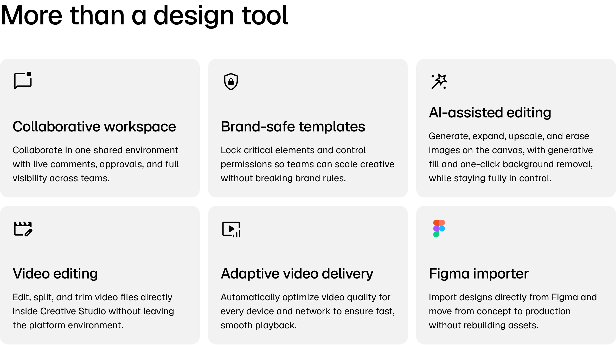 Bannerflow Creative Studio: collaborative workspace with live comments and approvals, brand-safe templates with locked elements, AI-assisted editing to generate, expand, upscale and erase images with generative fill and one-click background removal, video editing with split and trim, adaptive video delivery, and a Figma importer