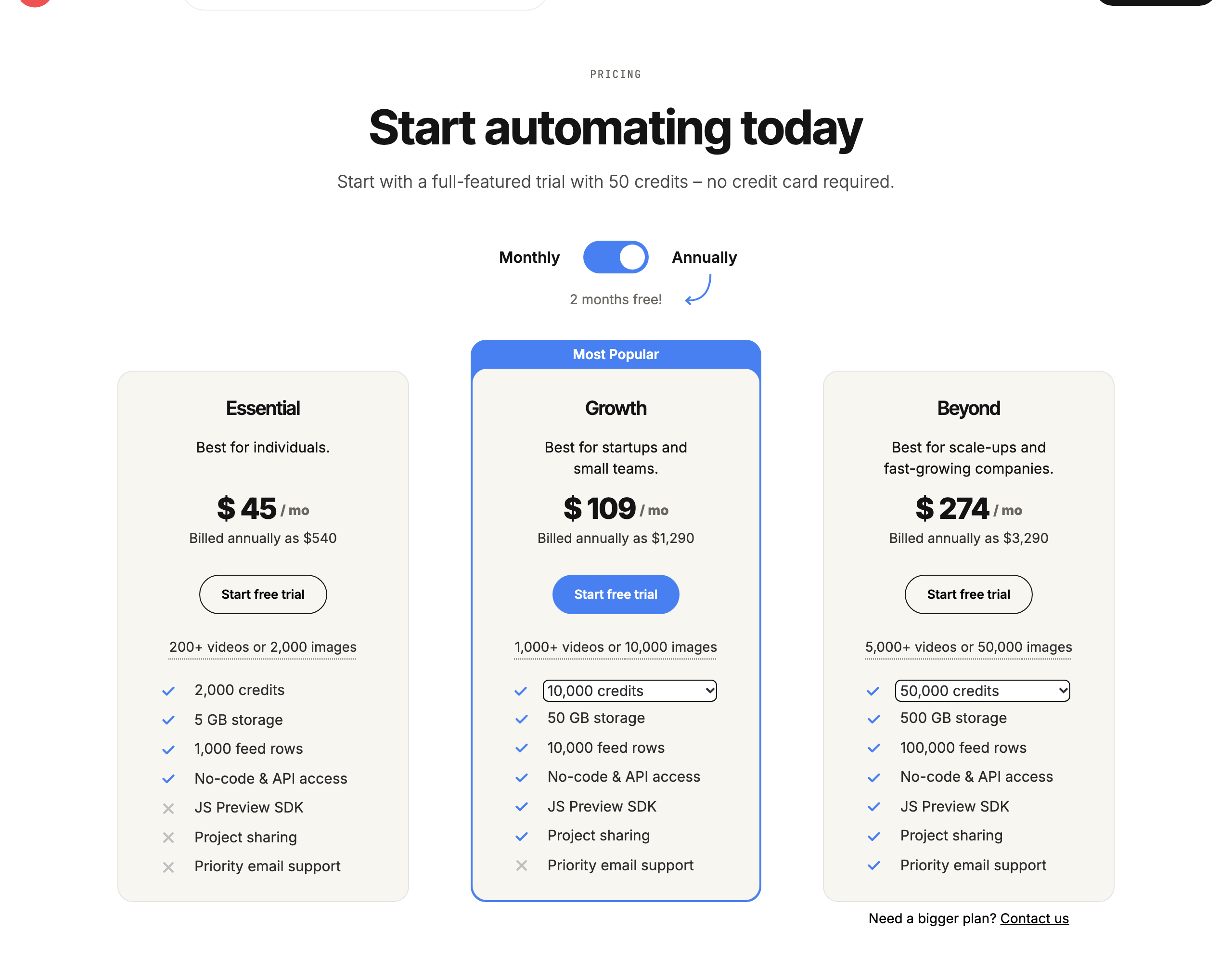 Creatomate pricing with yearly billing selected: Essential $45/mo billed annually as $540 with 2,000 credits, 5 GB storage and 1,000 feed rows; Growth $109/mo billed annually as $1,290 with 10,000 credits, 50 GB storage, 10,000 feed rows, JS Preview SDK and project sharing; Beyond $274/mo billed annually as $3,290 with 50,000 credits, 500 GB storage, 100,000 feed rows, JS Preview SDK, project sharing and priority email support; trial with 50 credits and no credit card