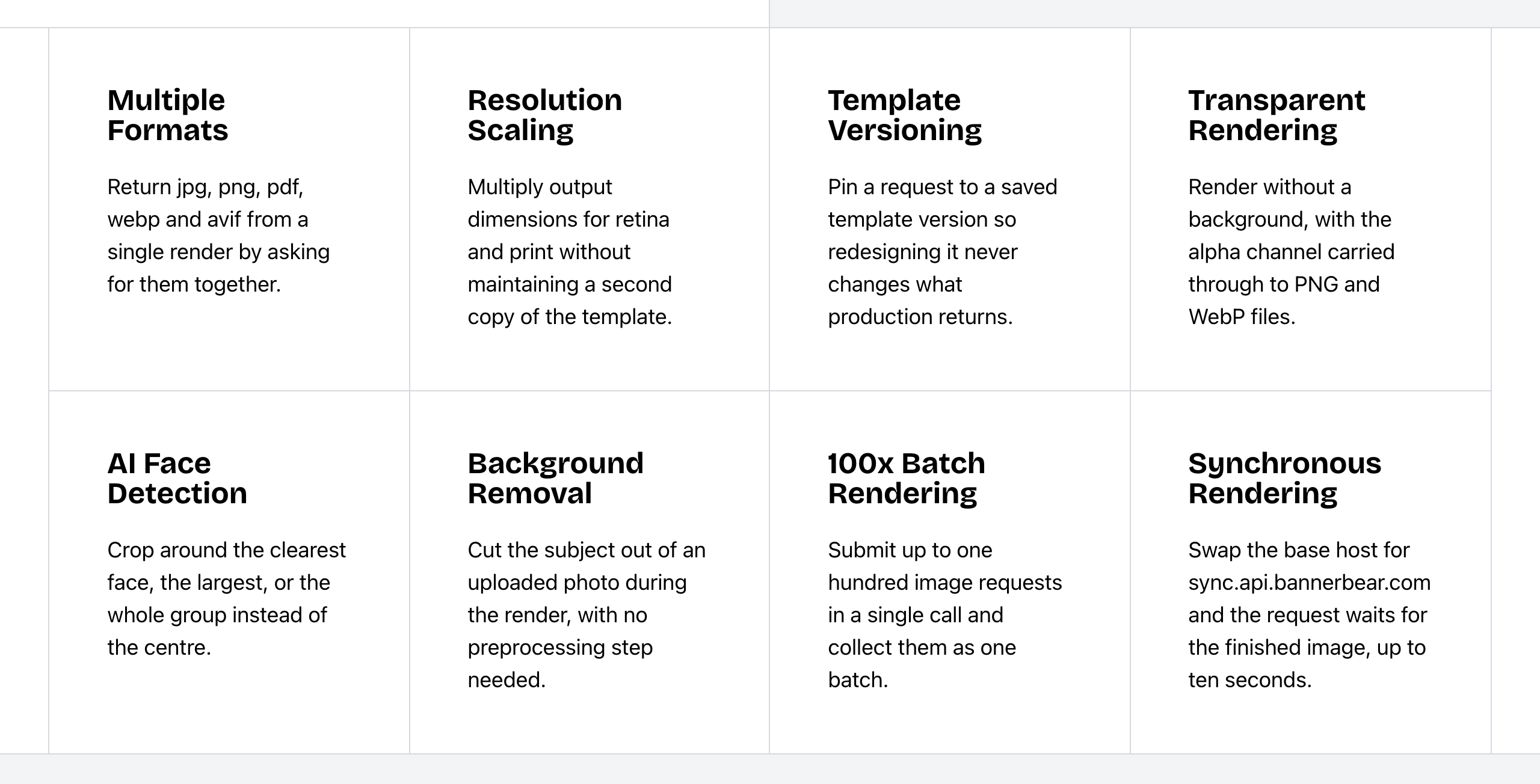 Bannerbear Image API key features: multiple formats (jpg, png, pdf, webp, avif), resolution scaling, template versioning, transparent rendering, AI face detection, background removal, 100x batch rendering and synchronous rendering through sync.api.bannerbear.com