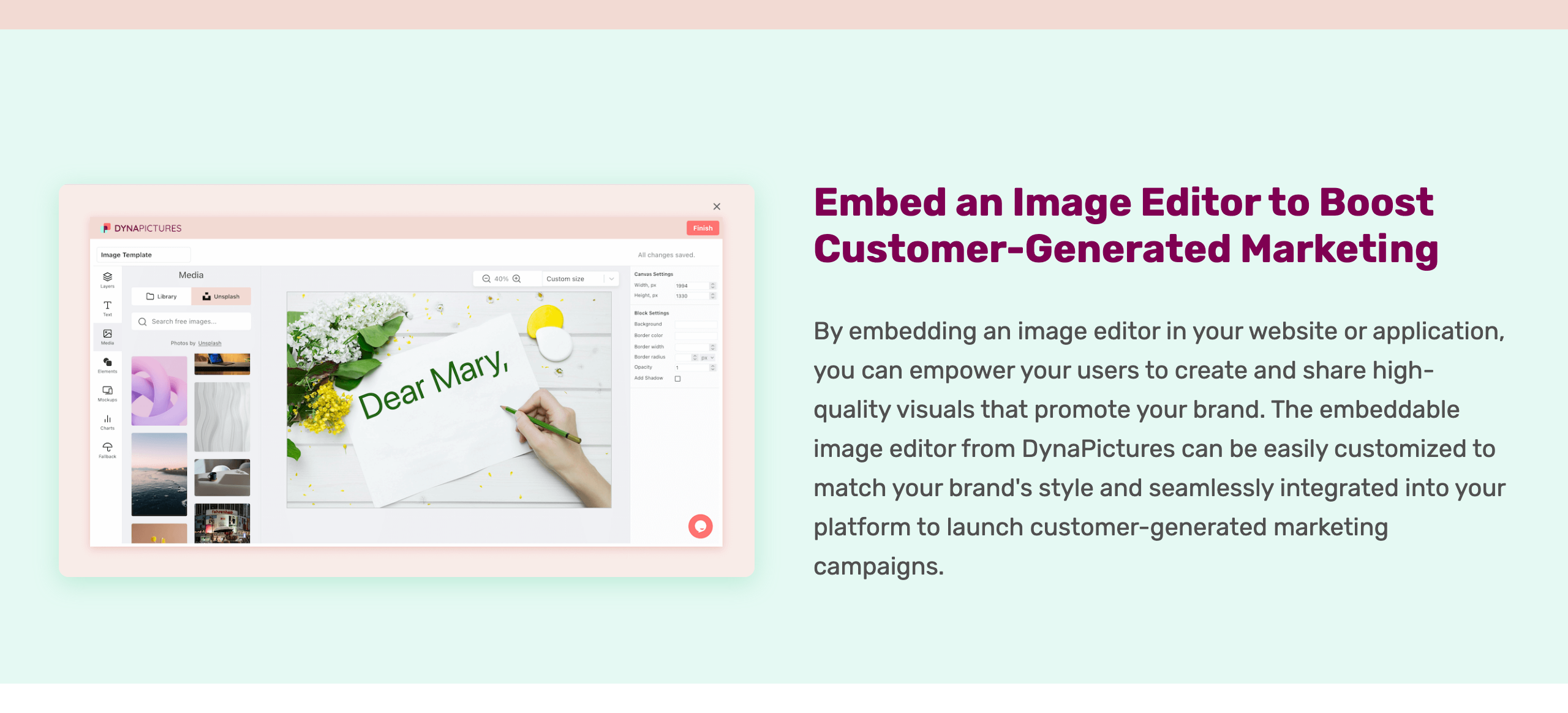 DynaPictures Image Generation SDK page: a screenshot of the DynaPictures template editor with a media panel and a sample card, next to the heading "Embed an Image Editor to Boost Customer-Generated Marketing"