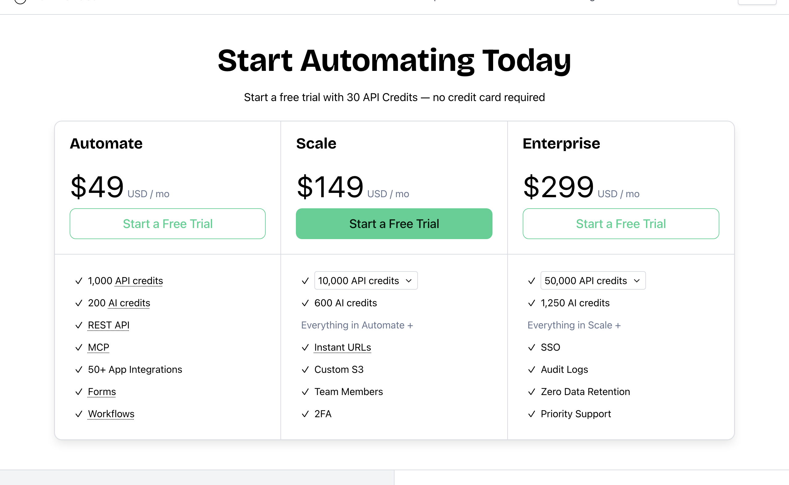 Bannerbear pricing: Automate $49/mo with 1,000 API credits, 200 AI credits, REST API, MCP, 50+ app integrations, Forms and Workflows; Scale from $149/mo with 10,000 API credits, 600 AI credits, Instant URLs, Custom S3, Team Members and 2FA; Enterprise from $299/mo with 50,000 API credits, 1,250 AI credits, SSO, Audit Logs, Zero Data Retention and Priority Support