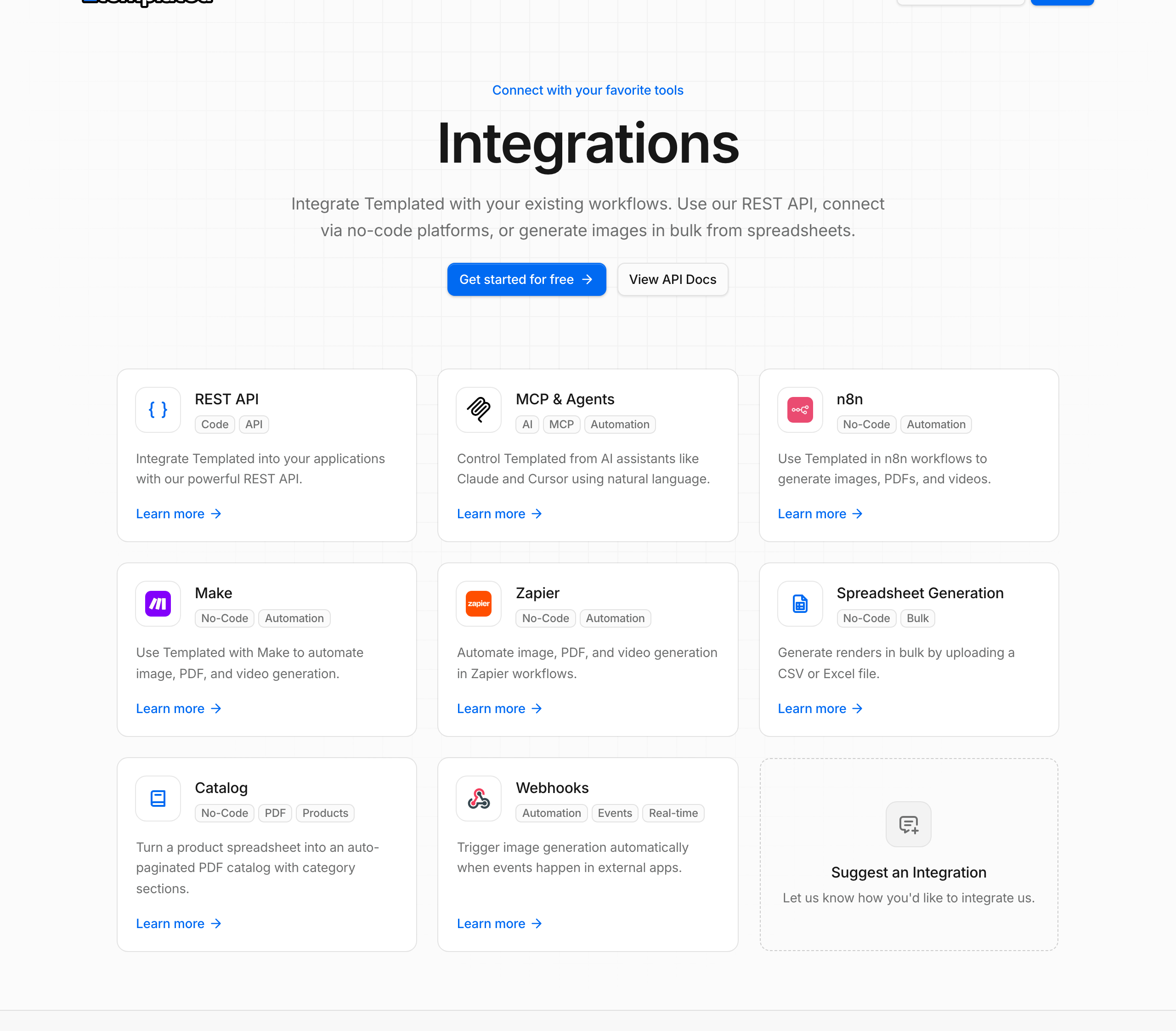 Templated integrations page: REST API, MCP and agents, n8n, Make, Zapier, Spreadsheet Generation from a CSV or Excel file, Catalog that turns a product spreadsheet into a paginated PDF catalog, and Webhooks that trigger image generation when events happen in external apps