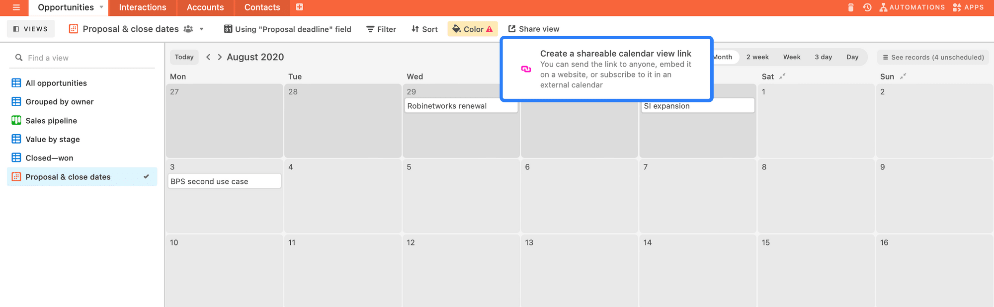 Screenshot of Airtable calendar view