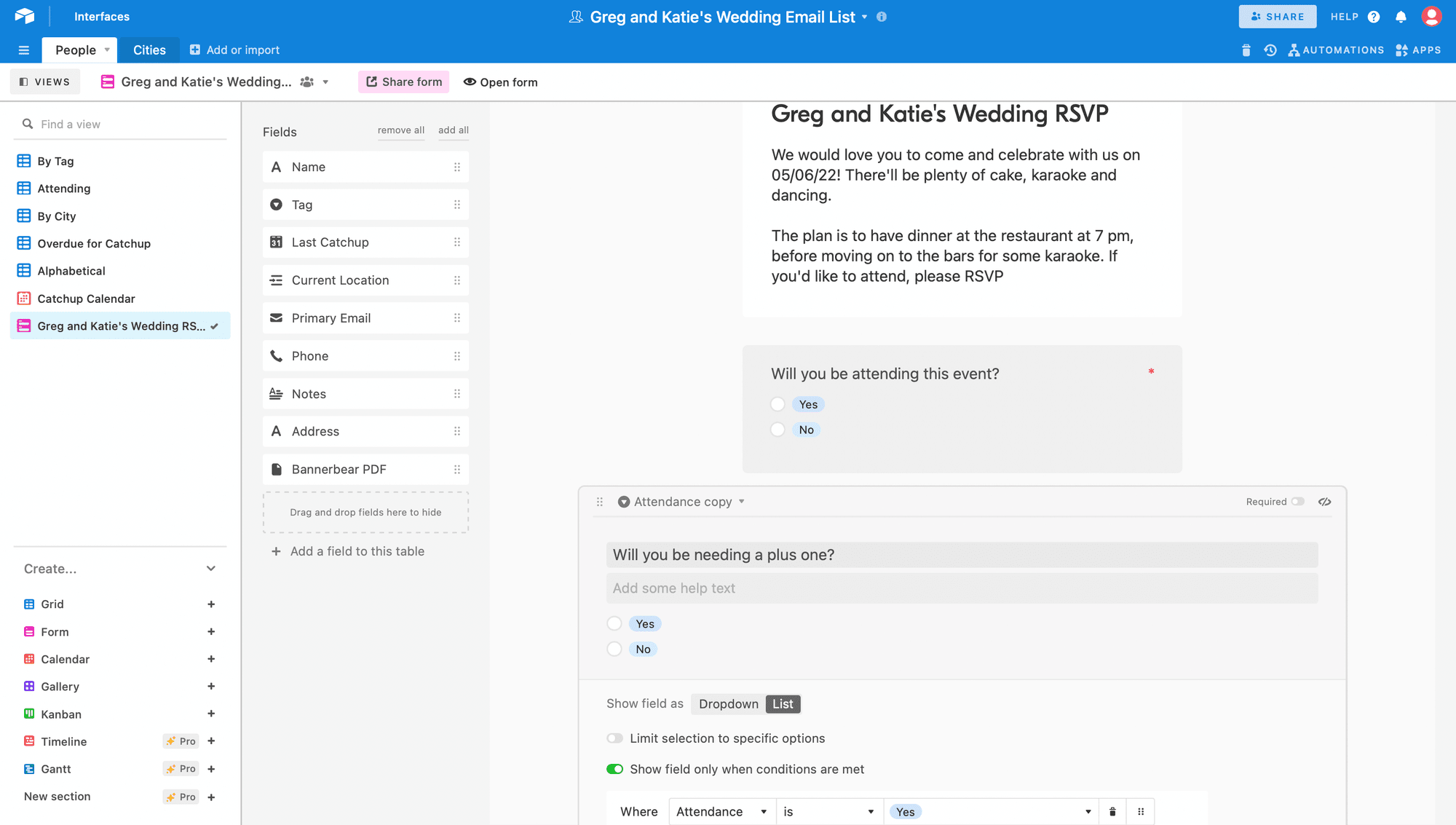 Airtable RSVP table Screenshot