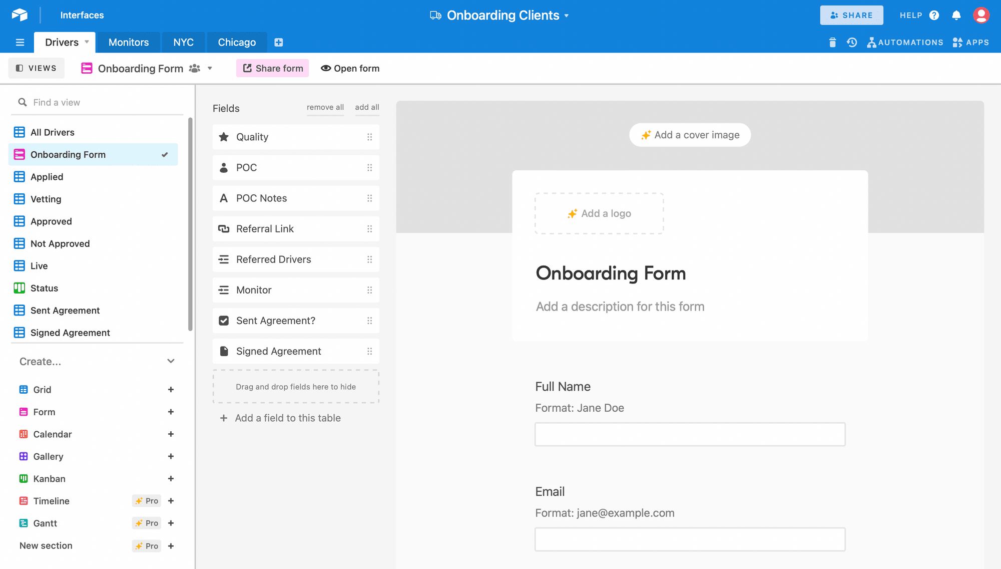 Screenshot of onboarding form