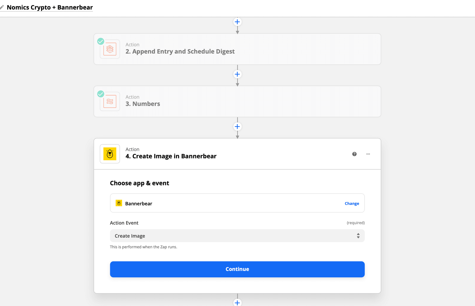 Zapier action trigger setup screenshot of Bannerbear