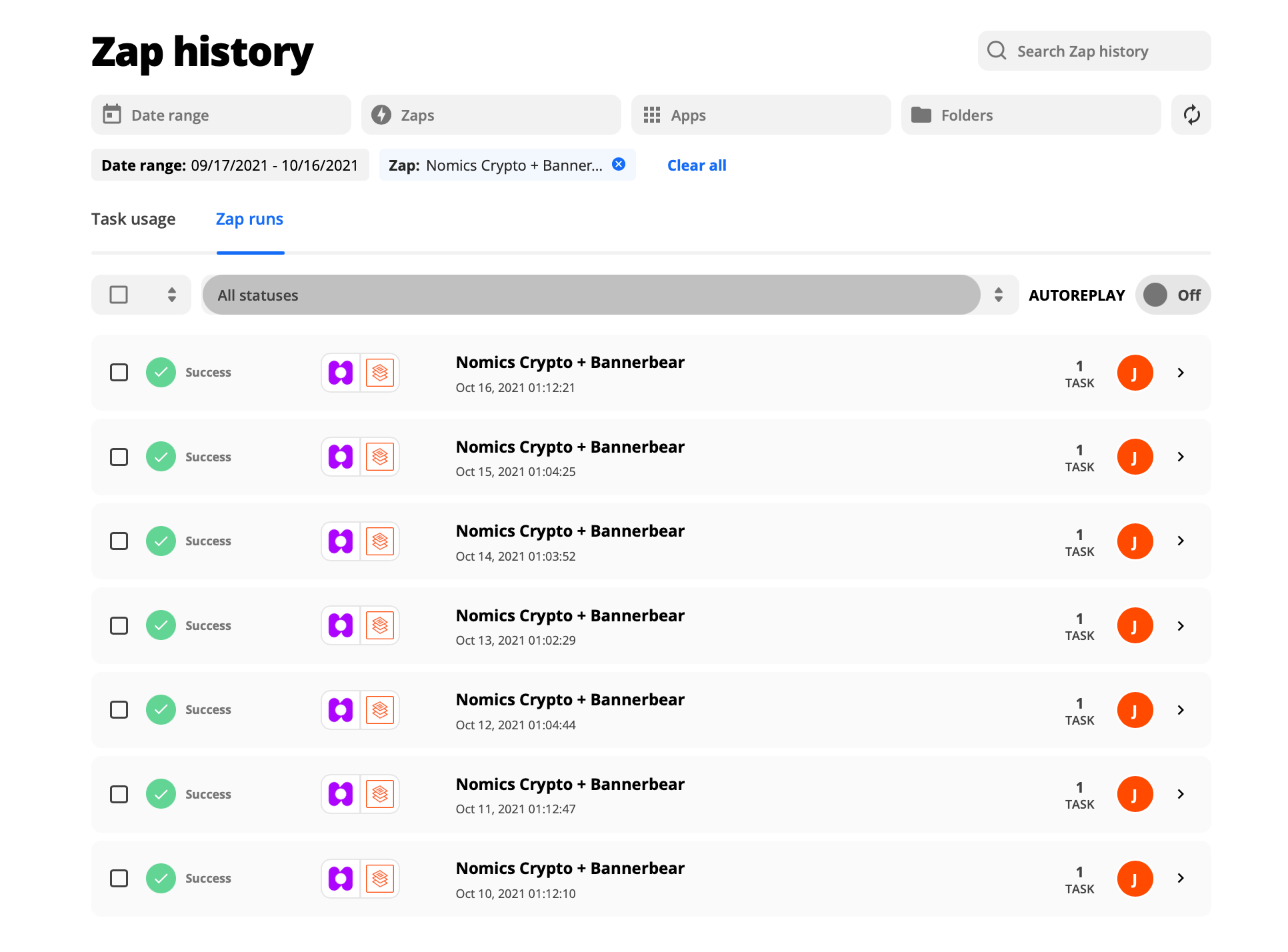 Zap history interface screenshot