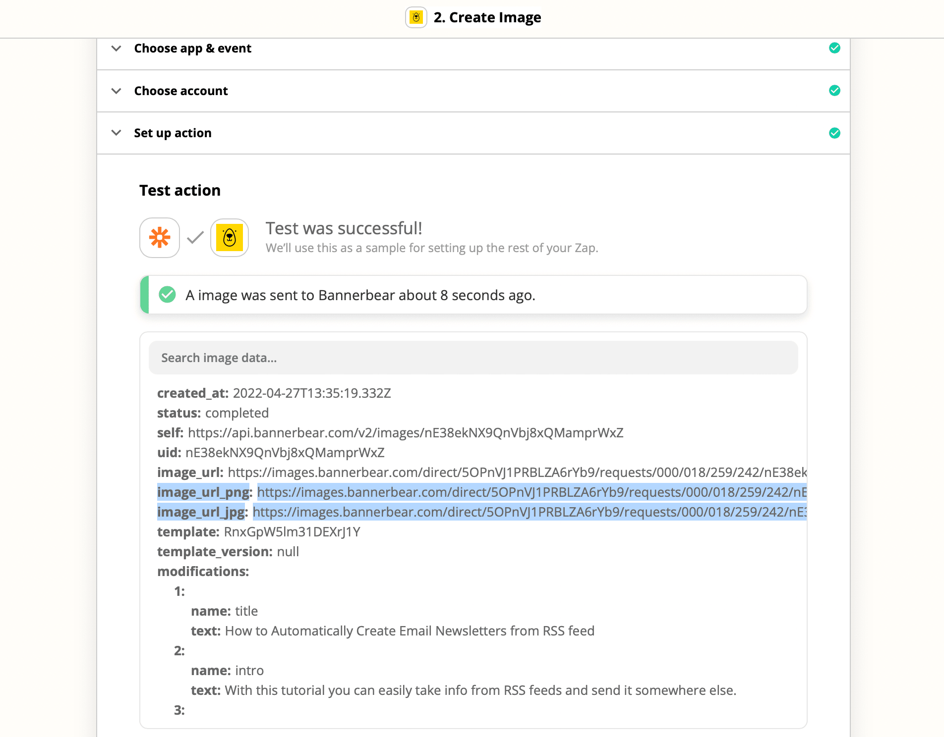 Screenshot of Zapier interface to set up Bannerbear action