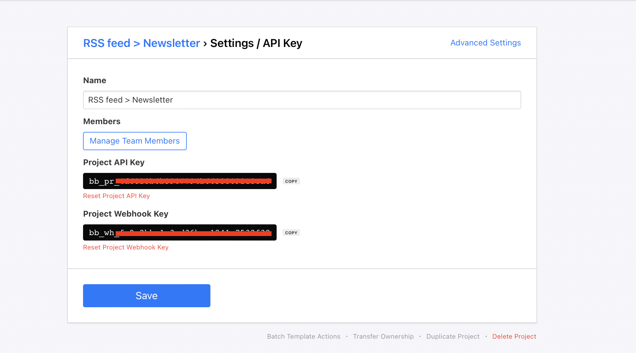 Screenshot of Bannerbear settings page