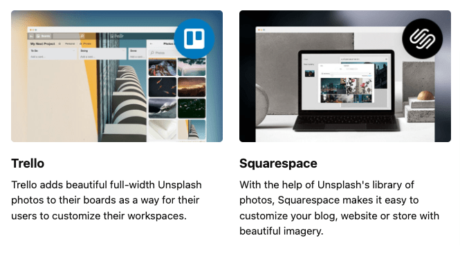 a screenshot of companies using images from Unsplash