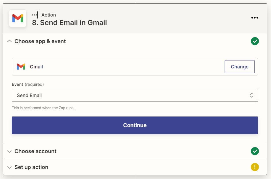 Screenshot of Zapier action to Send Email in Gmail