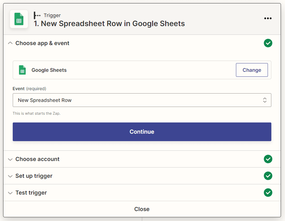 Screenshot of Zapier trigger new spreadsheet row in Google Sheets