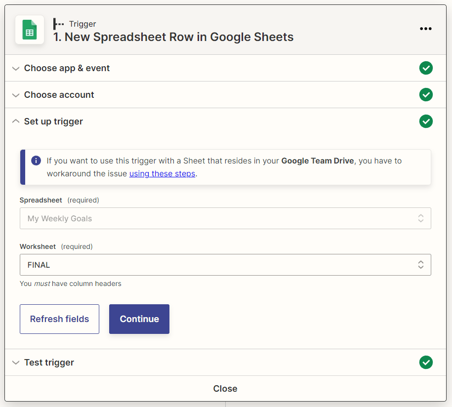 Screenshot of Zapier trigger set up with FINAL worksheet
