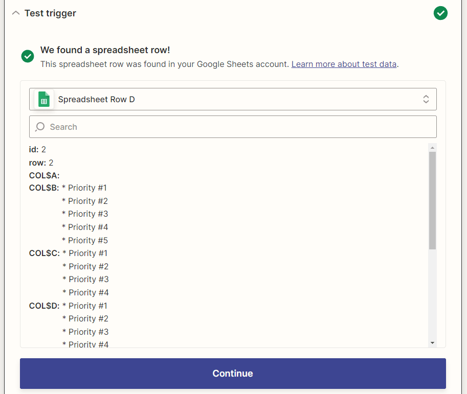 Screenshot of Zapier spreadsheet test trigger