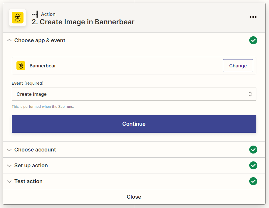 Screenshot of Zapier action create image in Bannerbear