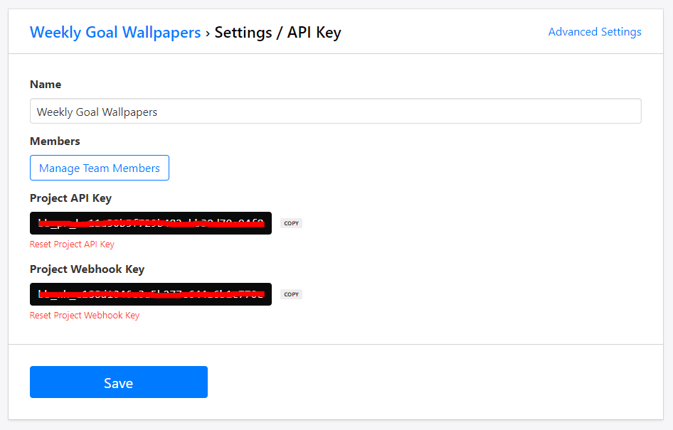 Screenshot of where to find Bannerbear project API key