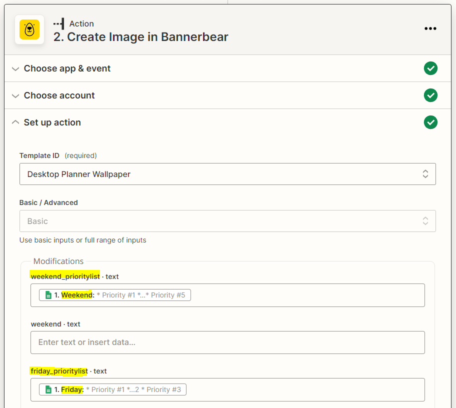 Screenshot of Zapier action create image in Bannerbear