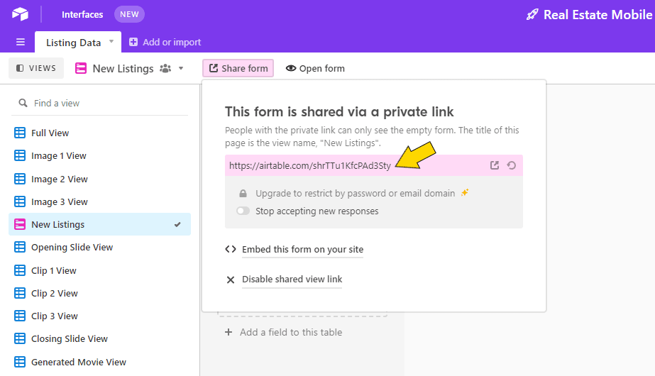 Screenshot of Airtable form sharing link