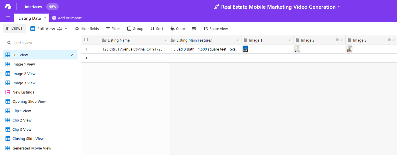 Screenshot of Airtable database with record populated by form submission fields