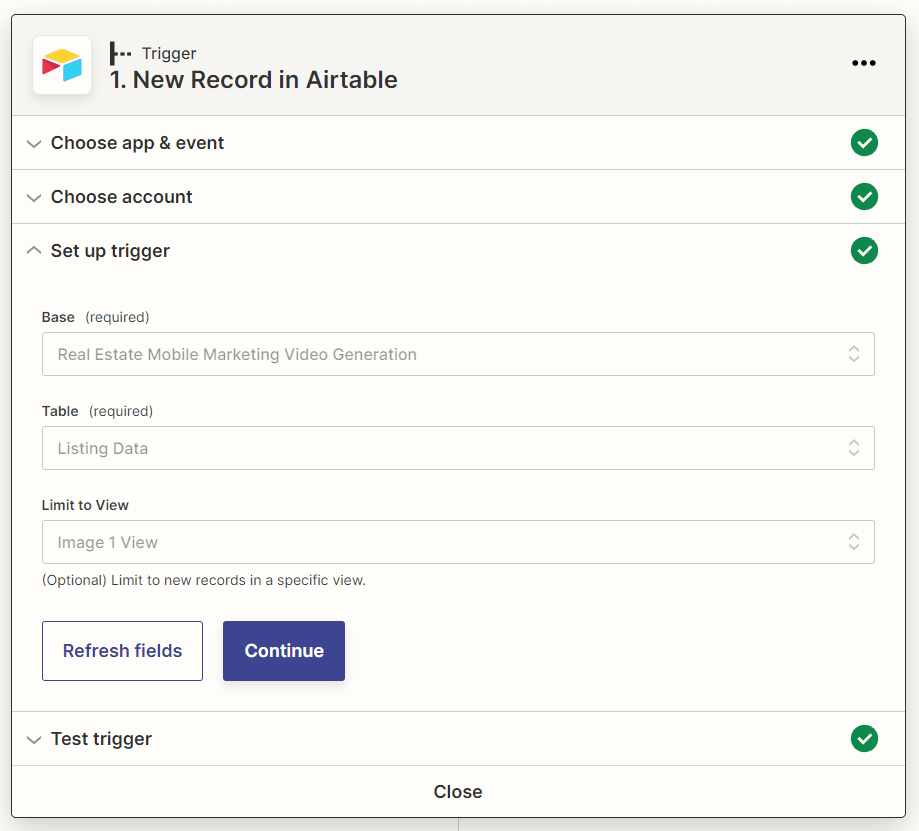 Screenshot of Zapier Airtable new record trigger setup