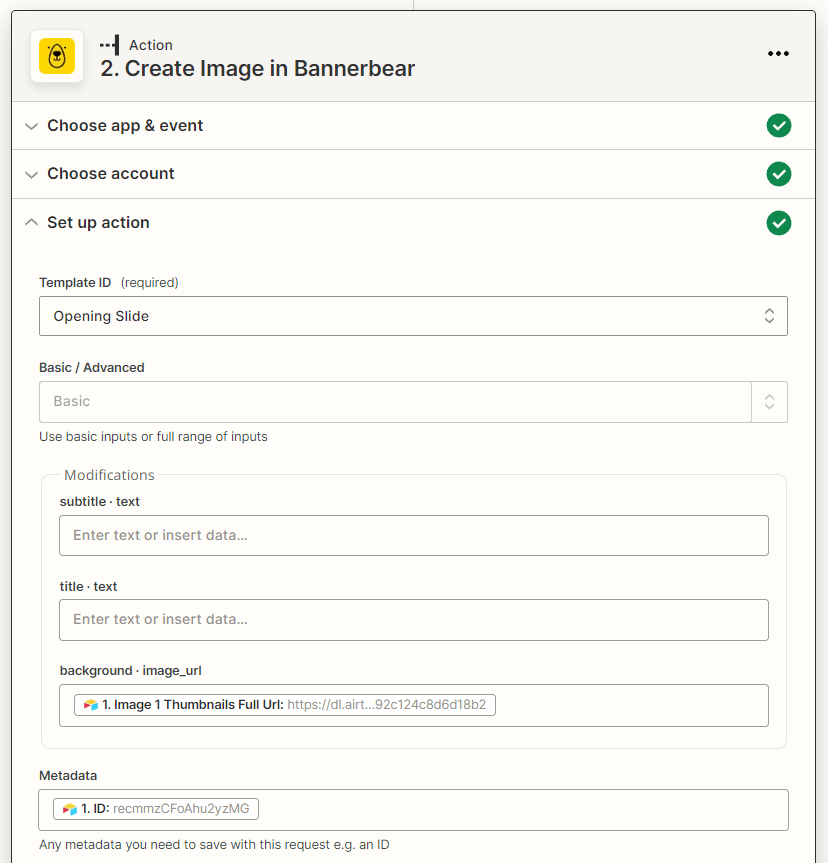 Screenshot of Zapier Bannerbear create image action dynamic field modifications and metadata