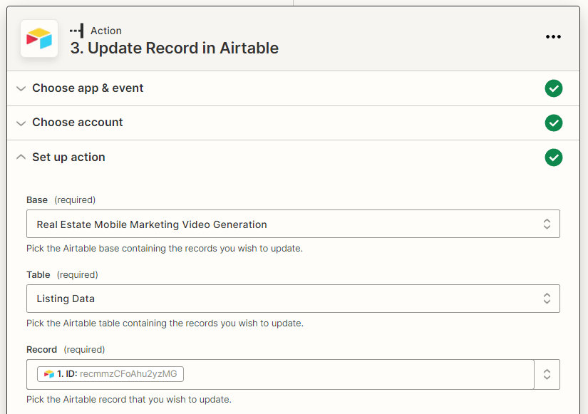 Screenshot of Zapier Airtable update record action with encoded metadata