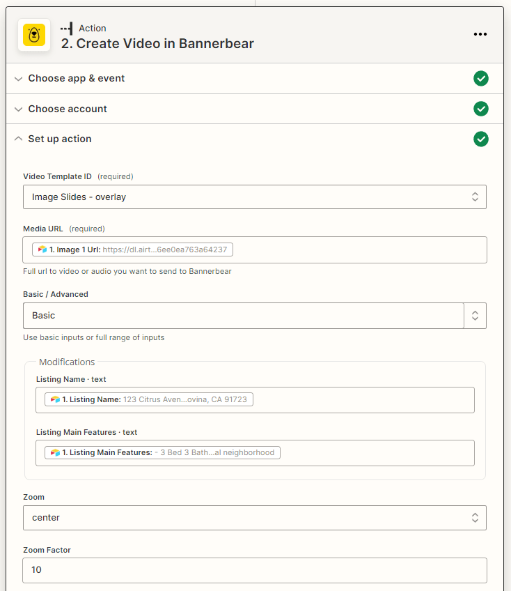 Screenshot of Zapier Bannerbear create video action with dynamic field modifications