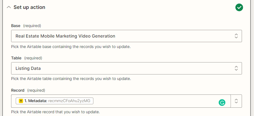 Screenshot of Zapier action setup record field filled with metadata