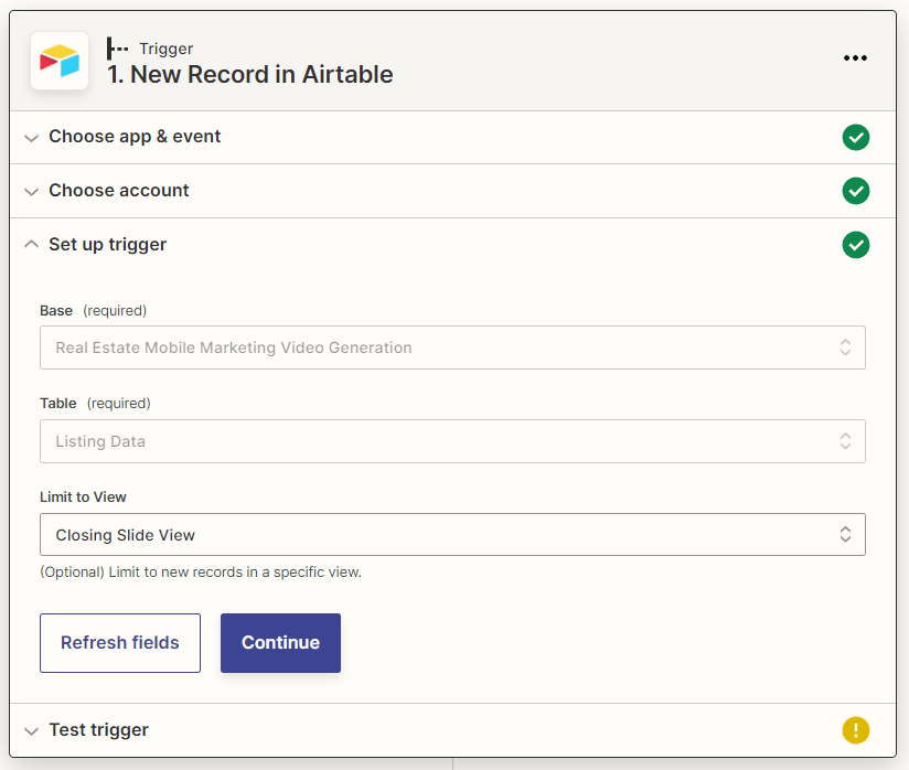 Screenshot of Zapier Airtable new record trigger setup limited to Closing Slide View