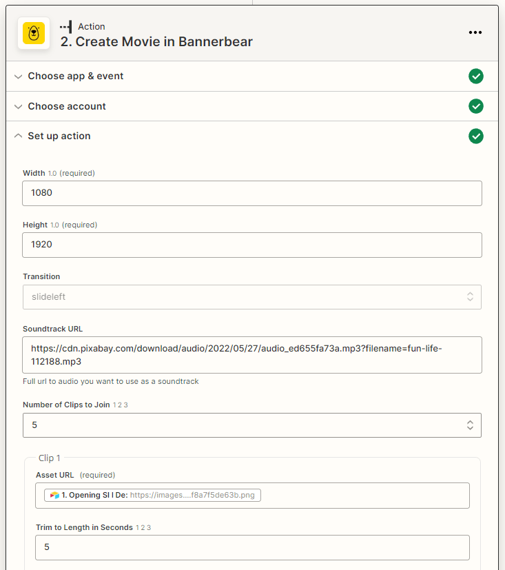 Screenshot of Zapier Bannerbear create movie action with modification fields filled