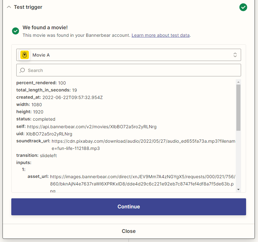 Screenshot of Zapier trigger test with metadata and asset URL located