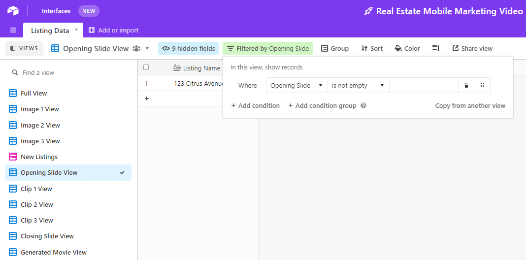 Screenshot of Airtable database Opening Slide View with filter conditions