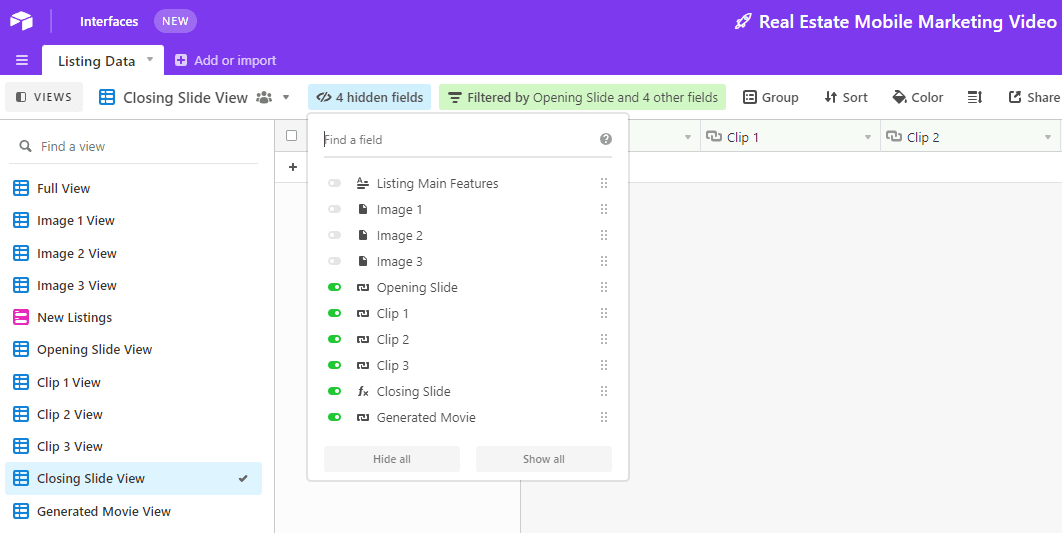 Screenshot of Airtable database Closing Slide View showing visible and hidden fields