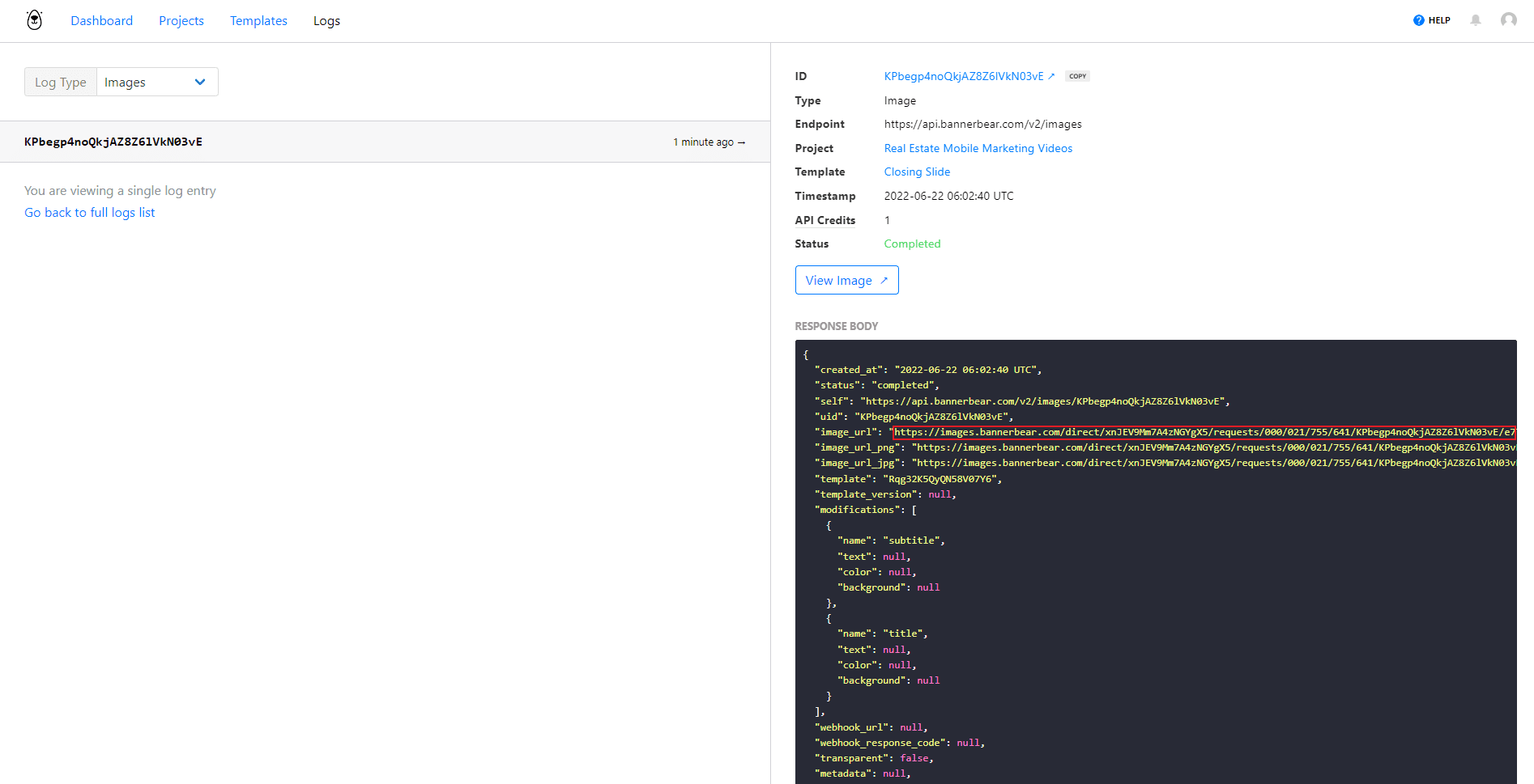 Screenshot of Bannerbear Logs with red box indicating generated image URL