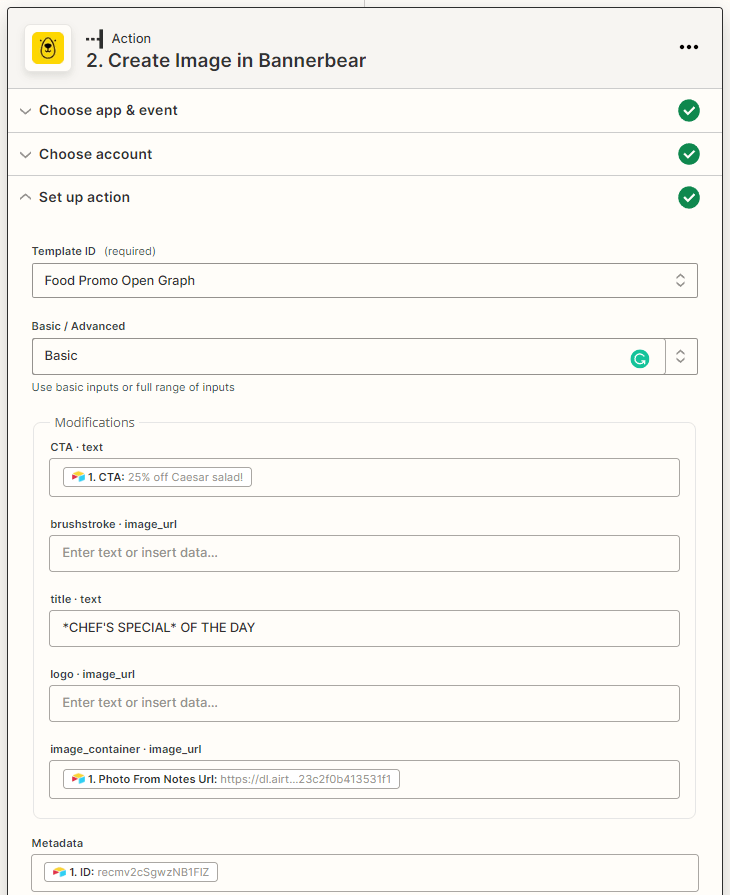 Screenshot of Zapier Bannerbear create image action with field modifications