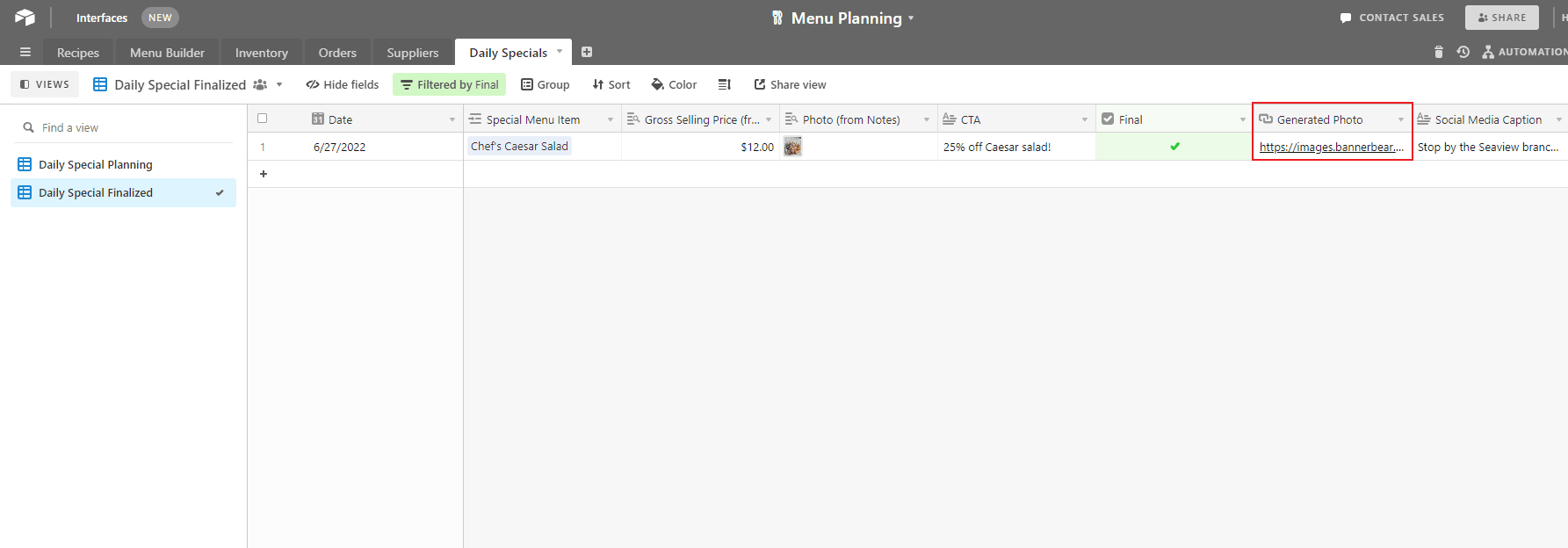 Screenshot of Airtable daily specials table with generated image URL outlined in red