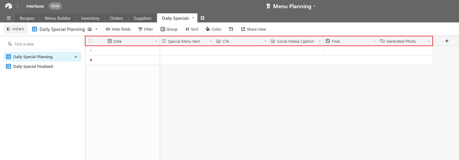 Screenshot of Airtable daily specials table with red outline on columns