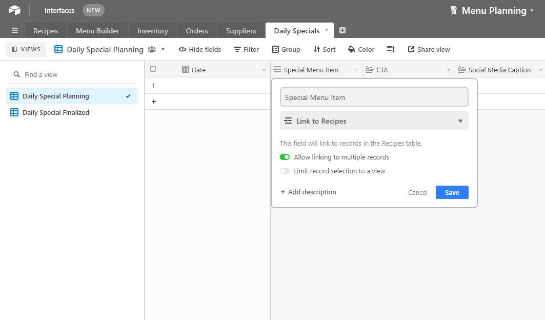 Screenshot of Airtable linking special menu item field to recipes table