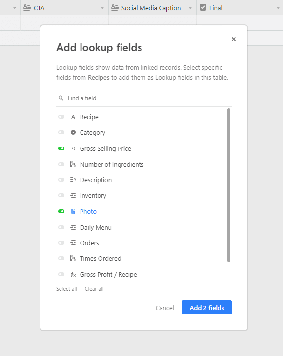 Screenshot of Airtable add lookup fields with gross selling price and photo selected