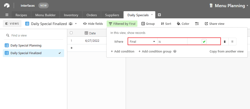 Screenshot of Airtable filter with red outlines showing condition for finalized view