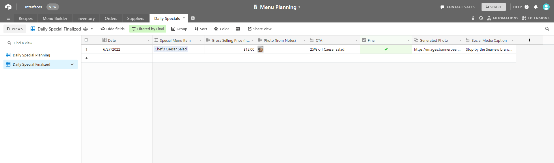 Screenshot of Airtable daily specials table with record populated in finalized view