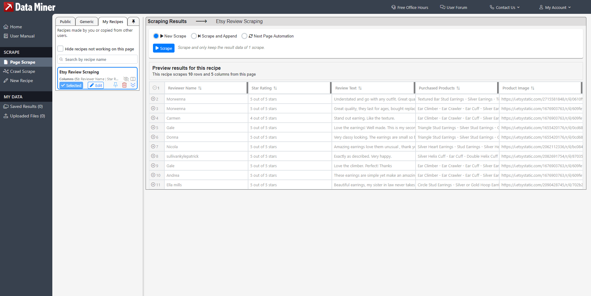 Screenshot of Data Miner scraping tool