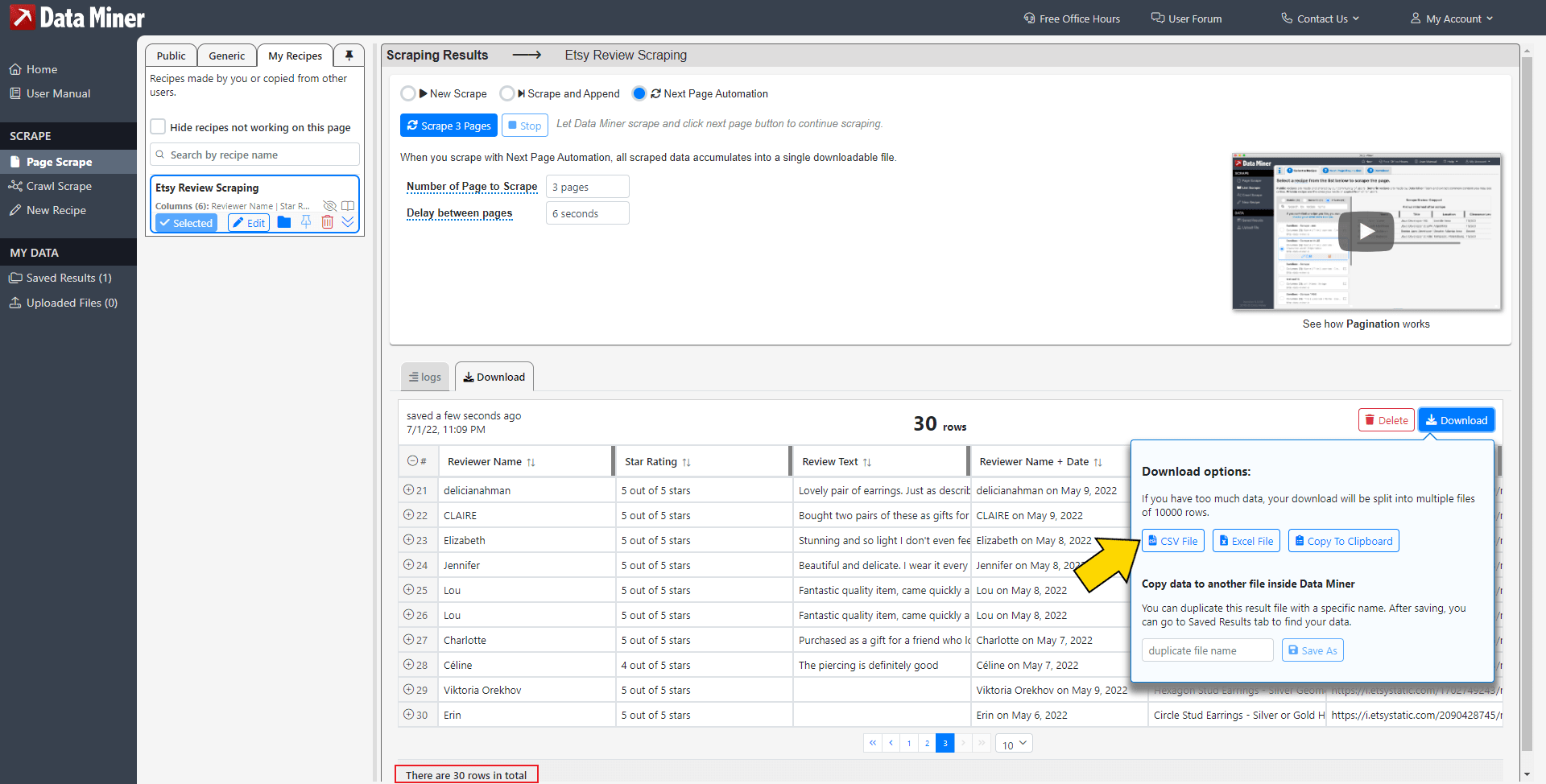 Screenshot of Data Miner download options with yellow arrow pointing to CSV file