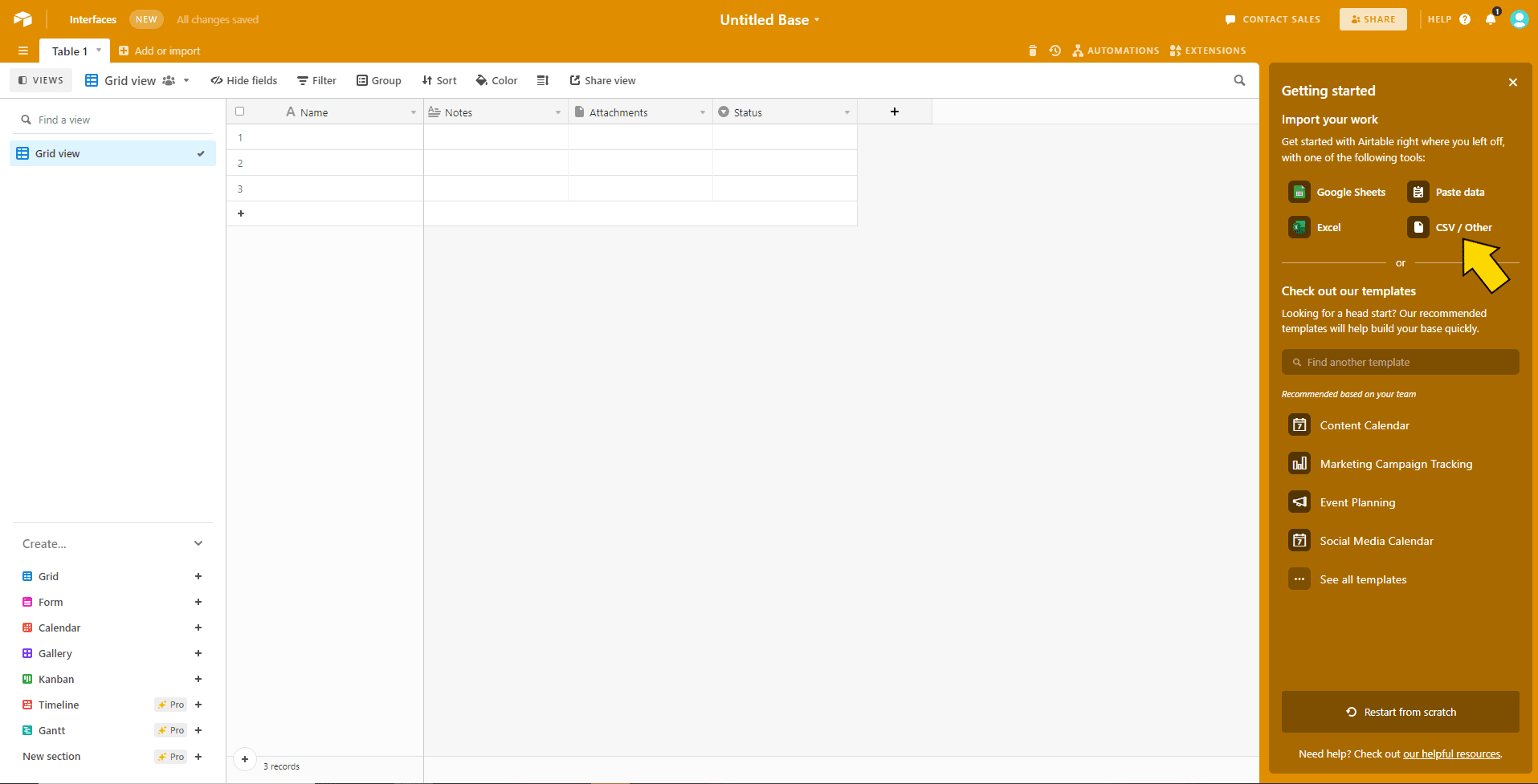 Screenshot of Airtable untitled base with yellow arrow pointing to CSV / Other