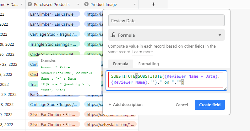 Screenshot of Airtable formula for review date extraction