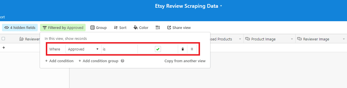 Screenshot of Airtable approved view filter conditions